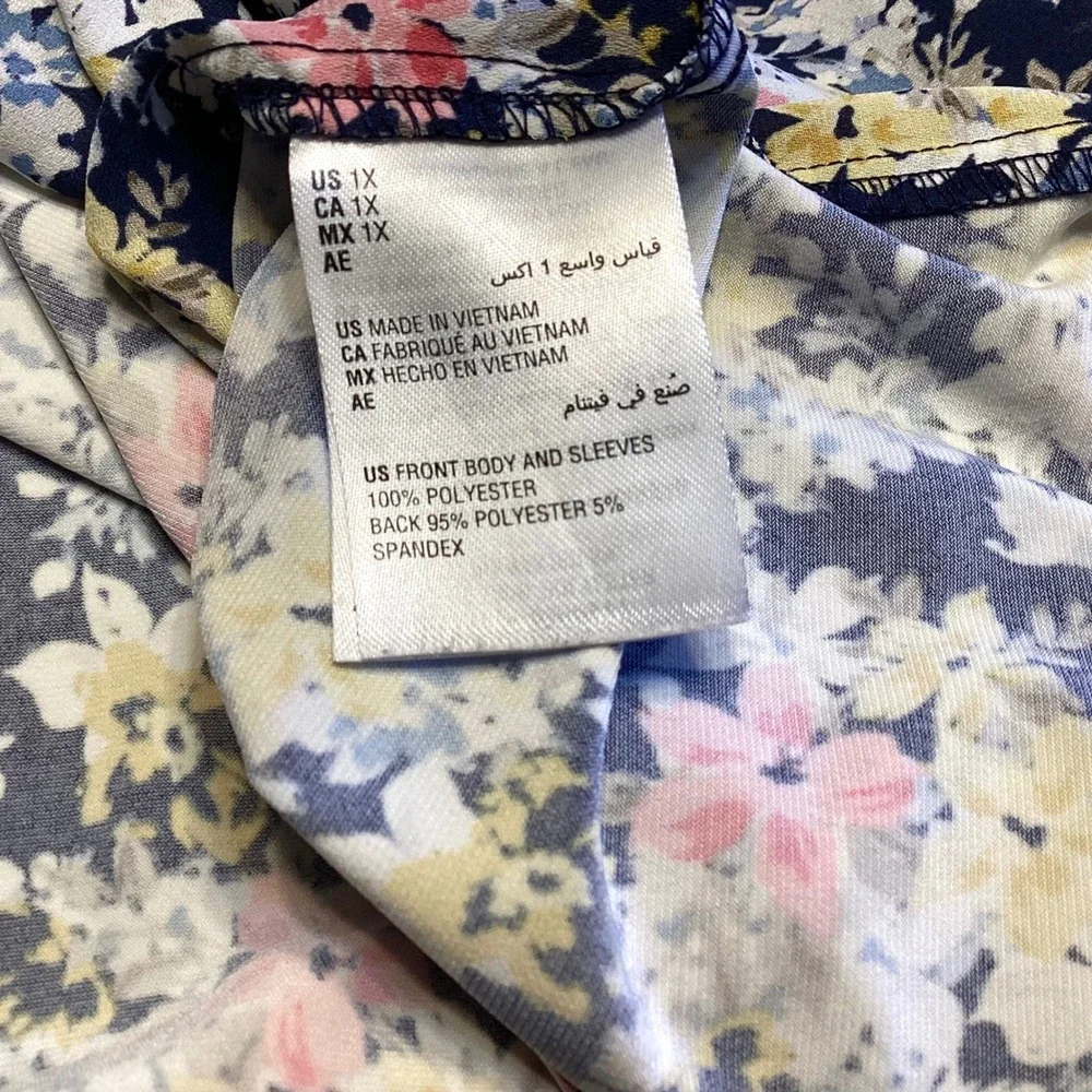 Charter Club Womens 1X Navy Floral Print Pleated V Neck Long Sleeve Tunic Top‎